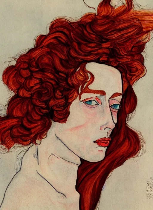 Prompt: dramatic ethereal full length illustration of a beautiful red hair woman in the art style of Egon Schiele, not realistic, sharp focus, 8k high definition, insanely detailed, intricate, elegant