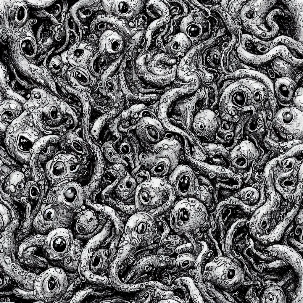 Prompt: a monsters made from dark oily gelatinous substance, vague tentacles, with hundreds of faces just below the surface, covered in human eyes