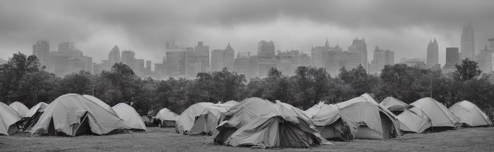 Image similar to cloudy, grey skies, american knights, tent camp in foreground, fortress city of office buildings in background upon hill