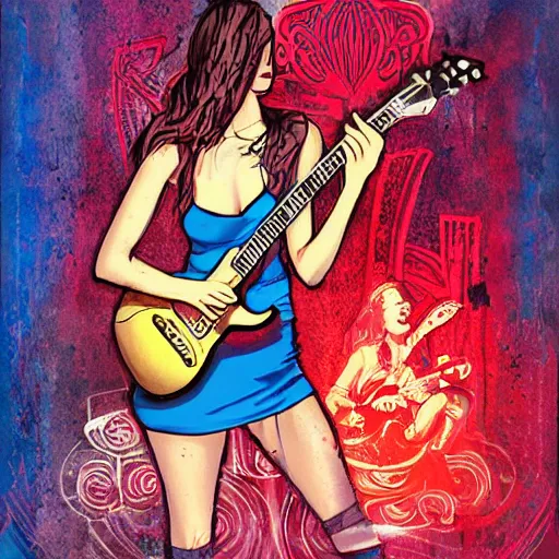 Prompt: beautiful women playing guitar, tv in the background, weta studios, art poster, in the style of james jean