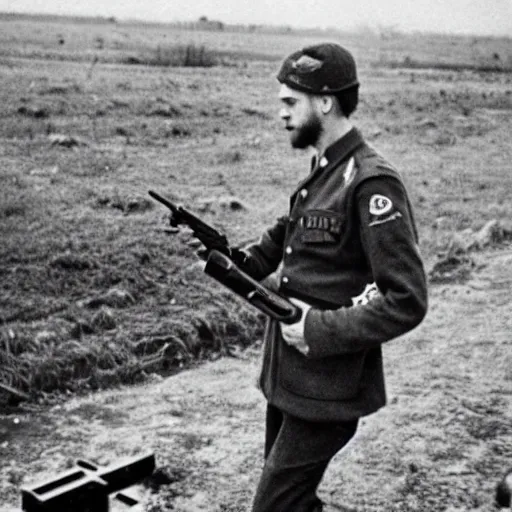 Prompt: pewdiepie searching a german base with a pistol