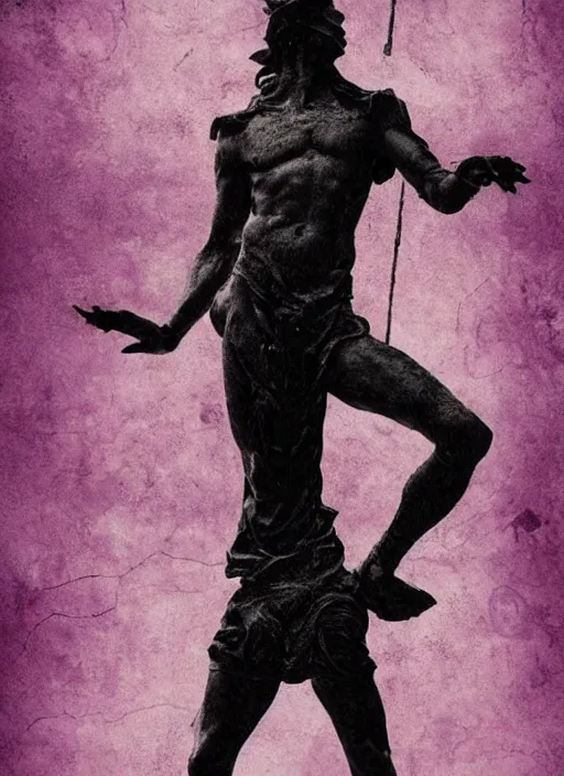 Image similar to elegant dark design poster showing a greco roman statue, black background with very subtle red and purple design elements, powerful, nekro, vito acconci, thin straight purple lines, dark, glitch art, neo vaporwave, gritty, layout frame, square, trending on artstation