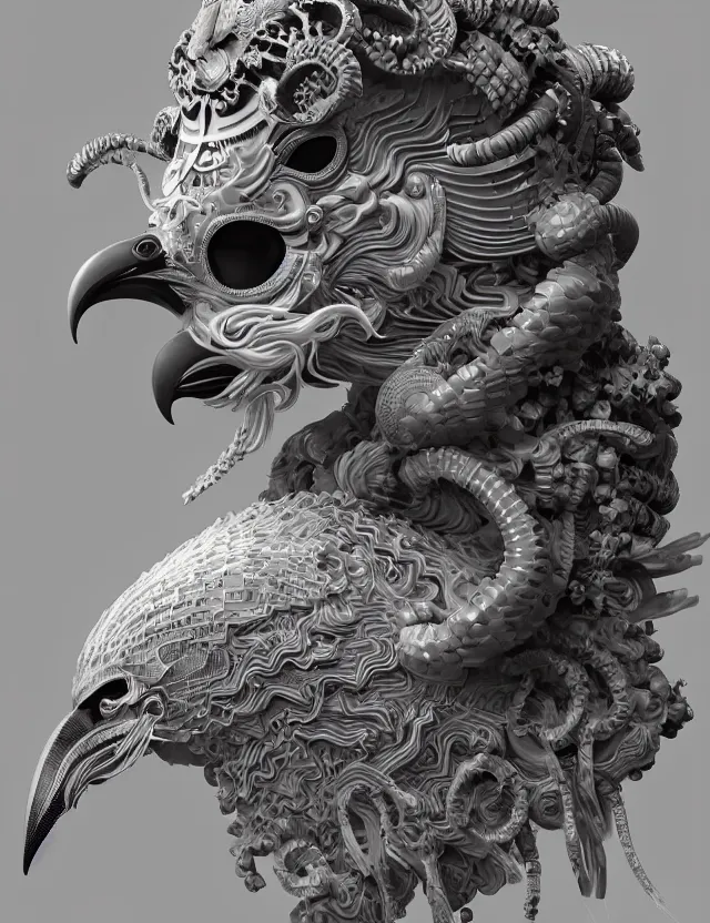 Image similar to 3 d hard surface modelling goddess close - up profile portrait with ram skull. beautiful intricately detailed japanese crow kitsune mask and clasical japanese kimono. betta fish, jellyfish phoenix, bio luminescent, plasma, ice, water, wind, creature, artwork by tooth wu and wlop and beeple and greg rutkowski