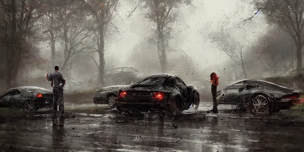 Prompt: company employee becoming beast in a park on a rainy day and smashing cars, cinematic composition, a fantasy digital painting by greg rutkowski and james gurney, trending on artstation, highly detailed, hyperrealistic, realistic, photorealistic, dynamic lighting, highly detailed, cinematic landscape, studio landscape, studio lighting