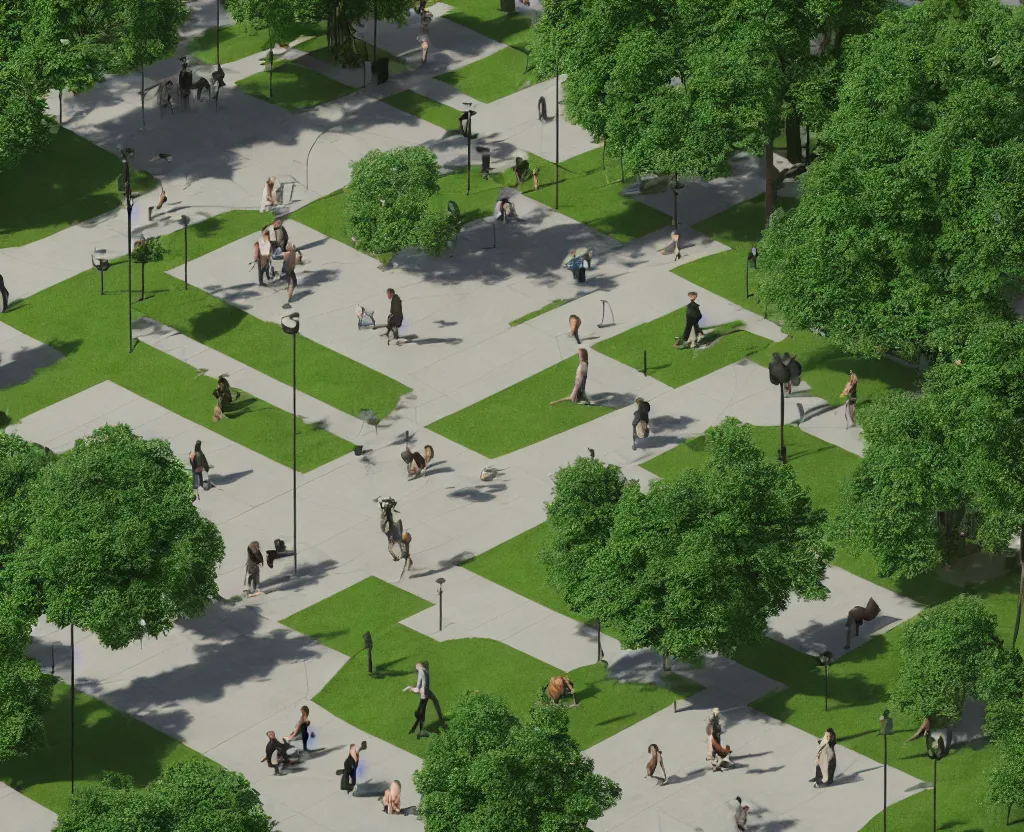 Image similar to city park, people and dogs, isometric view, octane 3d, light filtering through the trees, ray tracing, volumetric lighting