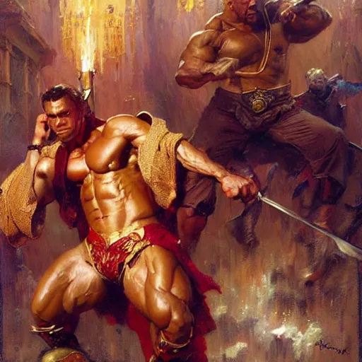 Image similar to stunning master wizard beaten by bodybuilder with bare hands, highly detailed painting by gaston bussiere, craig mullins, j. c. leyendecker, 8 k