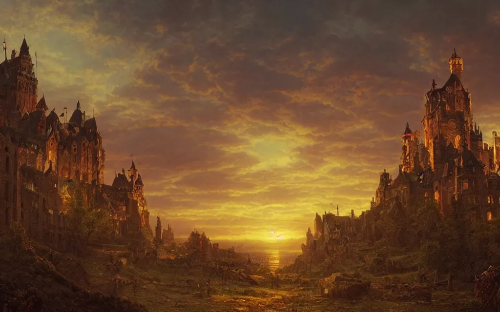 Prompt: large sprawling medieval city, steampunk, sunset in the distance, castle on a hill, cinematic lighting, intricate ink illustration, by albert bierstadt