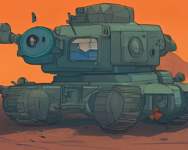 Prompt: a study of cell shaded cartoon tank with a giant camera on it on a desert road, street lamps, road, illustration, wide shot, subtle colors, post grunge, concept art by josan gonzales and wlop, by james jean, victo ngai, highly detailed, sharp focus, trending on artstation, hq, deviantart, art by artgem