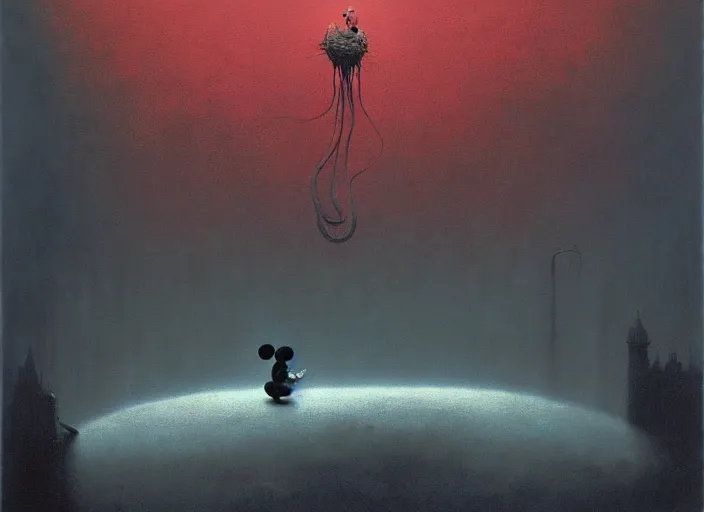 Image similar to painting of life of mickey mouse, by zdzislaw beksinski, by dariusz zawadzki, by wayne barlowe, gothic, surrealism, cosmic horror, lovecraftian, cold hue's, warm tone gradient background, concept art, beautiful composition