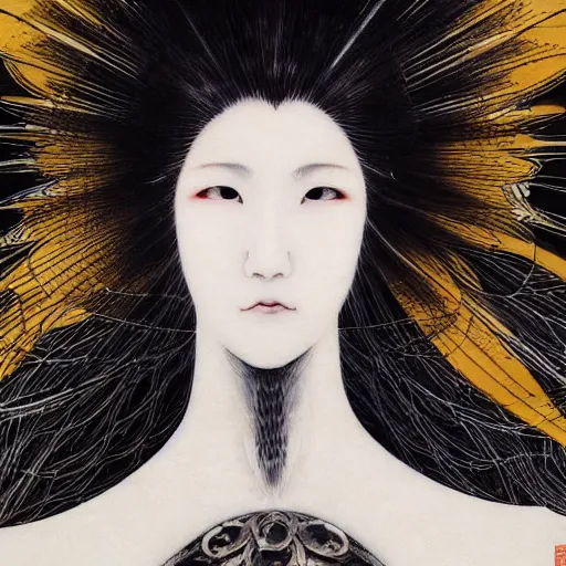 Image similar to yoshitaka amano blurred and dreamy realistic illustration of a japanese woman with black eyes, wavy white hair fluttering in the wind wearing elden ring armor with engraving, abstract patterns in the background, satoshi kon anime, noisy film grain effect, highly detailed, renaissance oil painting, weird portrait angle, blurred lost edges, three quarter view