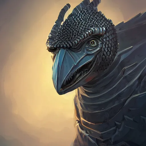 Image similar to portrait of an antropomorphic raptor knight, reptile face, wearing chainmail armor, angry look, ready for battle, mattepainting concept blizzard pixar maya engine on cold night stylized background splash comics global illumination lighting artstation lois van baarle, ilya kuvshinov, rossdraws