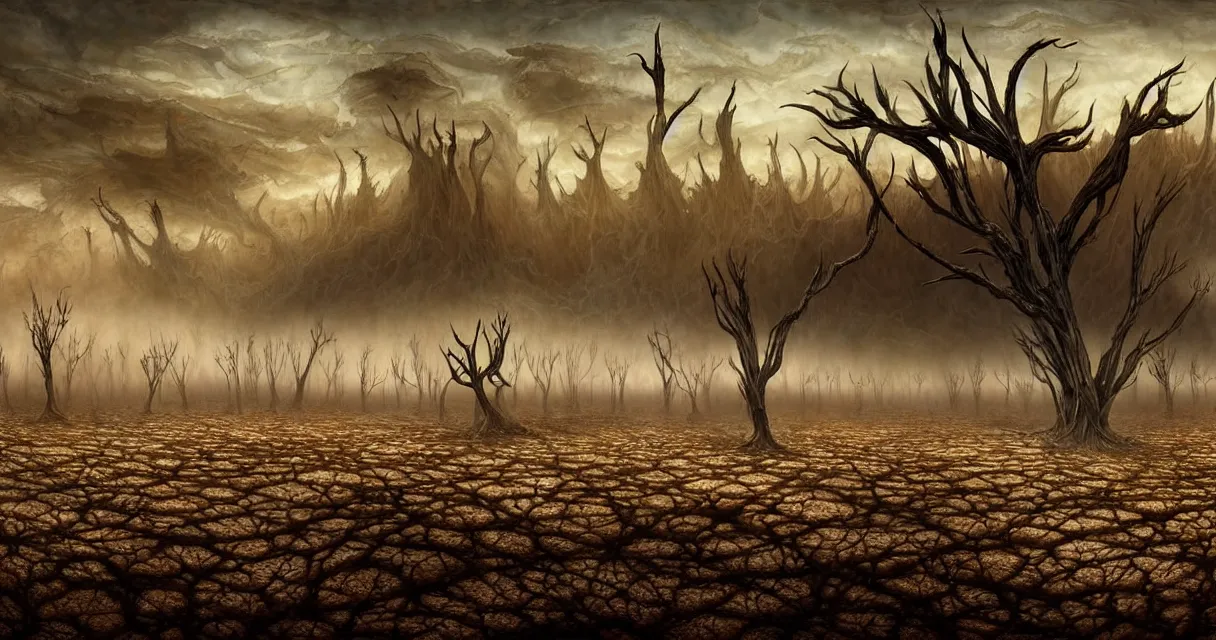 Image similar to epic professional digital art of hungry barren desert with dessicated forest, faint golden moody atmospheric lighting, painted, intricate, detailed, detailed, foreboding, by leesha hannigan, wayne haag, reyna rochin, ignacio fernandez rios, mark ryden, iris van herpen,, epic, stunning, gorgeous, much wow, cinematic, masterpiece.