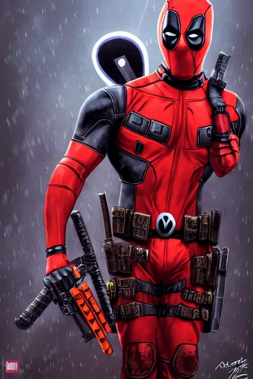 Image similar to Narendra Modi as Deadpool, claws are up, red and black deadpool costume, Narendra Modi hairstyle and beardstyle, calm, grumpy, portrait, masculine figure, highly detailed, digital painting, artstation, concept art, smooth, sharp focus, illustration, cinematic lighting, art by artgerm and greg rutkowski and alphonse mucha