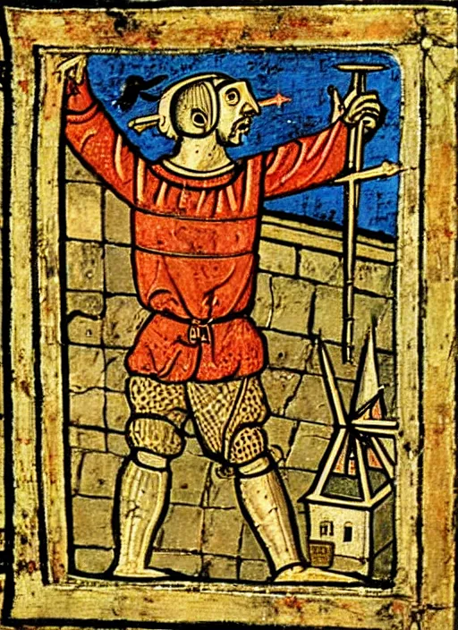 Prompt: A painting of (((quadrocopter))) attack peasant, medieval graphic, high detailed, codex