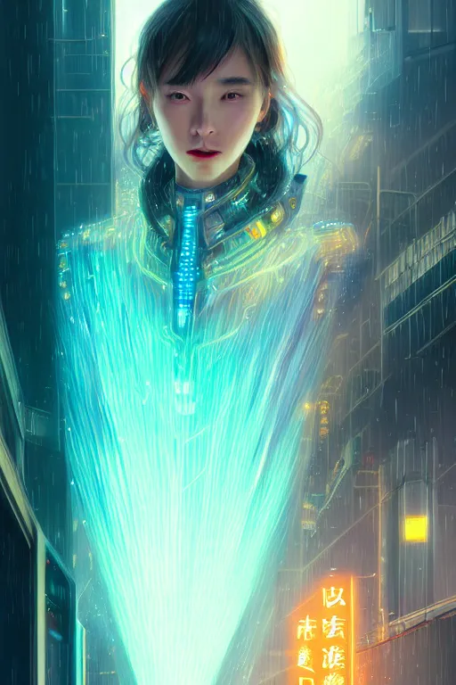 Image similar to portrait futuristic wizard Girl with thunder and fire sparkles and starlight, n future cyberpunk tokyo heavy rainning rooftop , ssci-fi, fantasy, intricate, very very beautiful, elegant, human structure, neon light, highly detailed, digital painting, artstation, concept art, smooth, sharp focus, illustration, art by tian zi and WLOP and alphonse mucha