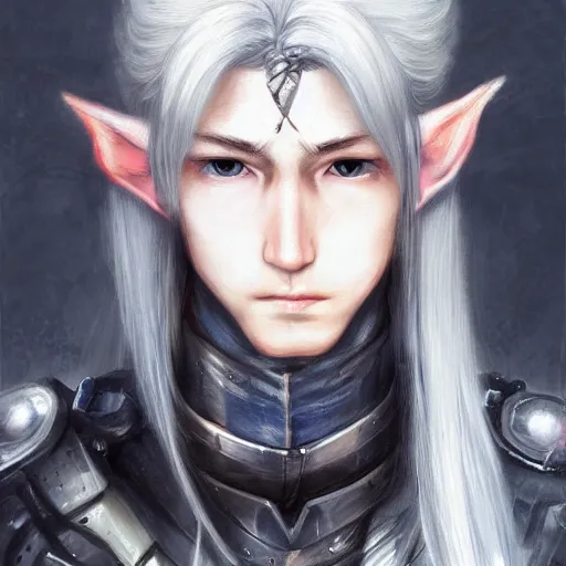 Image similar to portrait of an elf by ayami kojima, he is about 2 0 years old, androgenic, long white hair, slender and tall, smirk, he is wearing a modern tactical gear, scifi, highly detailed portrait, digital painting, artstation, concept art, smooth, sharp foccus ilustration, artstation hq