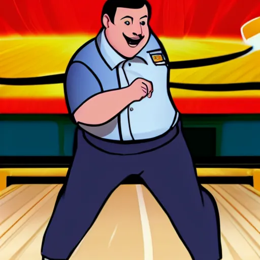 Image similar to Paul Blart bowling, animated, drawn like a Disney cartoon.