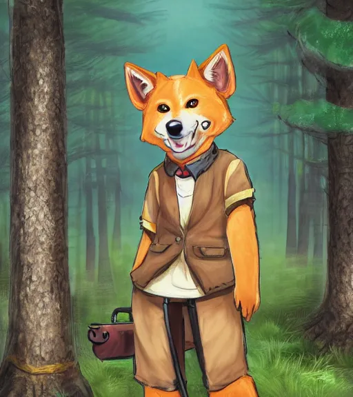 Image similar to close up character portrait icon of the anthro anthropomorphic very cute jindo dog trader head stylized animal person fursona wearing clothes standing in the bright forest, hidari, color page, tankoban, 4 k, tone mapping, akihiko yoshida