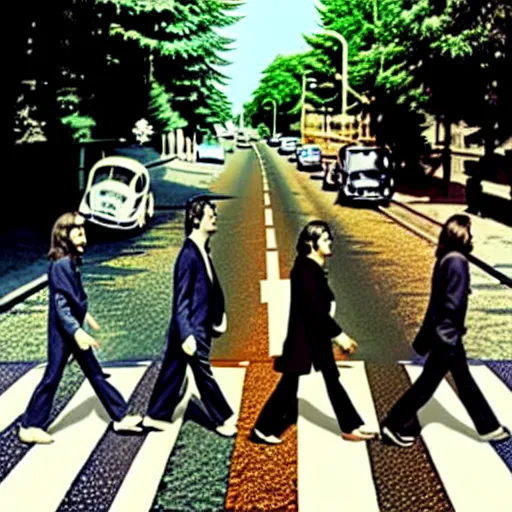 Image similar to abbey road album cover but the beatles slipped and fell