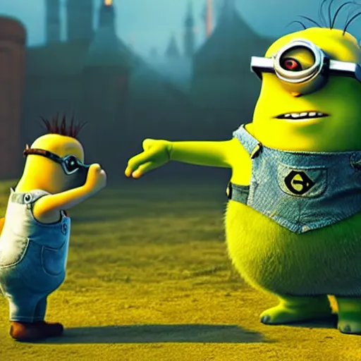 Image similar to “photograph of shrek holding hands with a minion. 8k resolution. Hyperrealistic. Romantic.”