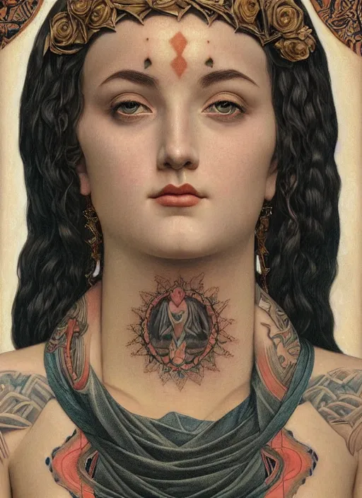 Prompt: single beautiful enlightened cult magic psychic woman with tattoos, tattooed skin, portrait, oil painting, robe, symmetrical face, greek dark ritual myth, by john william godward and anna dittman, masterpiece