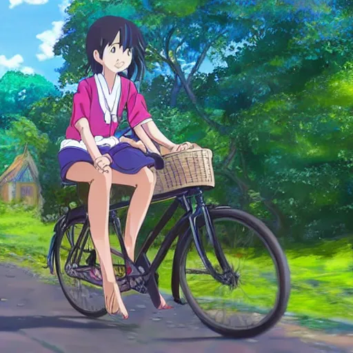Prompt: anime girl riding bicycle in highly detailed guwahati suburb, studio ghibli style, by hayao miyazaki, sharp focus, highly detailed, 4k