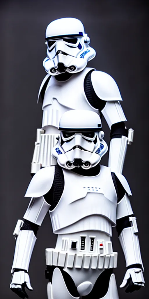 Image similar to Realistic fashion photoshoot of a Stormtrooper, commercial, studio lighting, 50 mm lens, flash photography, 8K, highly detailed, leica, medium format