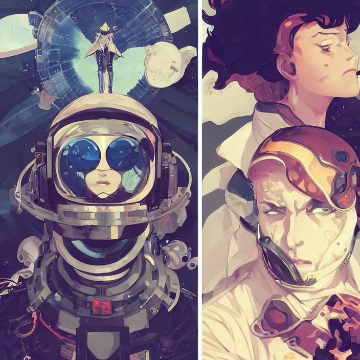 Image similar to anime portrait space pirate captain, futuristic science fiction, mucha, hard shadows and strong rim light, art by jc leyendecker and atey ghailan and sachin teng