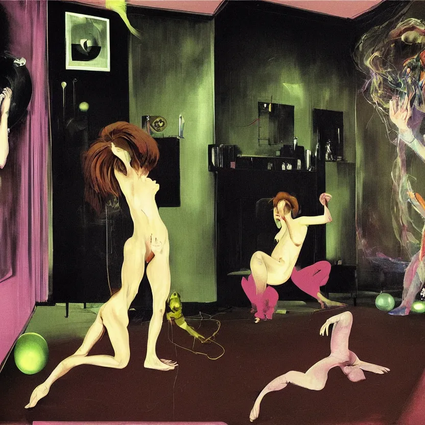 Image similar to Man and woman start to bounce in a living room of a house, floating dark energy surrounds the middle of the room. There is one living room plant to the side of the room, surrounded by a background of dark cyber mystic alchemical transmutation heavenless realm, cover artwork by francis bacon and Jenny seville, midnight hour, part by adrian ghenie, part by jeffrey smith, part by josan gonzales, part by norman rockwell, part by phil hale, part by kim dorland, artstation, highly detailed