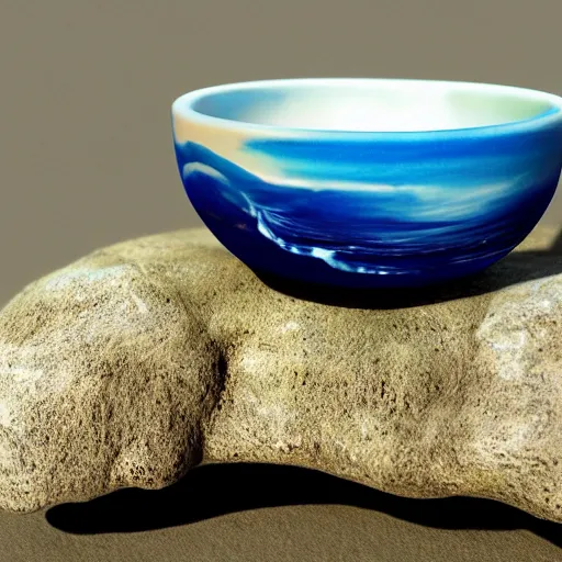 Image similar to a beach and ocean and sky in a ceramic bowl, hyper realistic, highly detailed, photorealism, microcosm, diorama