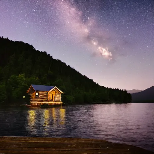 Prompt: Forested lakeside cabin at midnight with a crescent moon in the misty sky and mountains behind it.