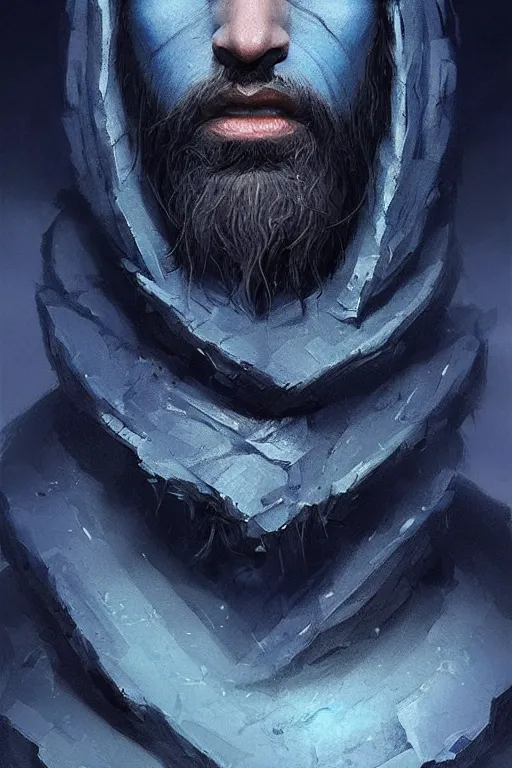 Image similar to portrait of a blue skin genasi with a square jaw from d & d by greg rutkowski, blue skin, black dreadlocks and small beard, tempest priest, runic rings, d & d character, blue, black background, highly detailed portrait, digital painting, artstation, concept art, smooth, sharp foccus ilustration, artstation hq
