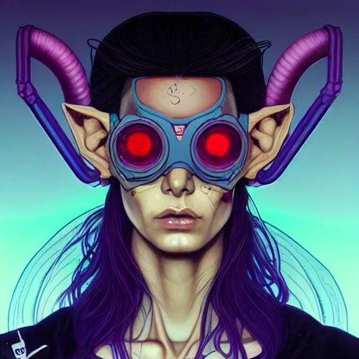 Image similar to portrait painting of a cyberpunk androgynous elf with beautiful flowing black hair and eyes, sharp focus, award - winning, trending on artstation, masterpiece, highly detailed, intricate. art by josan gonzales and moebius and deathburger