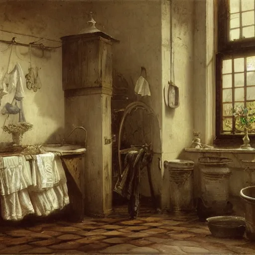 Prompt: detailed painting of a laundry room, floral ornaments, andreas achenbach,