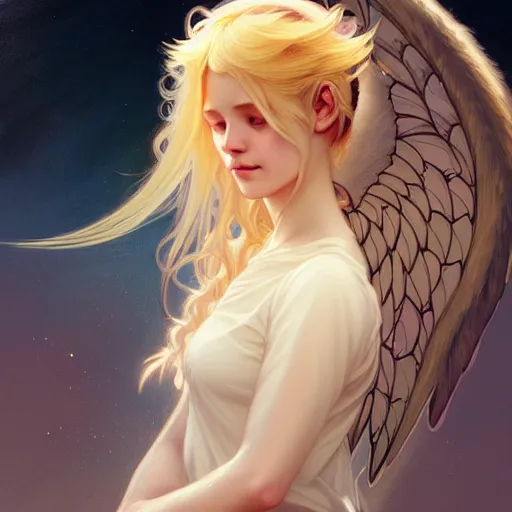 Image similar to Portrait of a girl angel with blonde hair, cat ears, glowing halo, wings, fantasy, intricate, elegant, highly detailed, digital painting, artstation, concept art, smooth, sharp focus, illustration, art by Krenz Cushart and Artem Demura and alphonse mucha