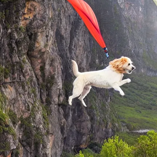 Image similar to a hairy dog jumping from a cliff with a parachute