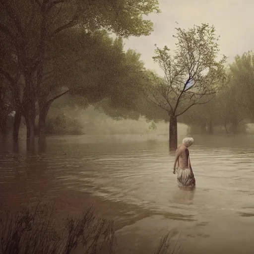 Image similar to realistic extremely detailed photo real portrait of a flood, dusk, elegant, moody muted colors, gregory crewdson, leibovitz, octane render, 4 k