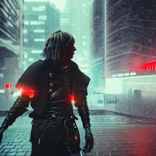 Image similar to cyberpunk samurai in a dytopian future, ultra realistic, fog, raytracing, reflections, rain, octane render