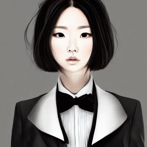 Image similar to portrait of a beautiful korean girl wearing a men's tuxedo, with short messy hair, men's haircut, angular features, angry expression, digital art, elegant pose, detailed illustration