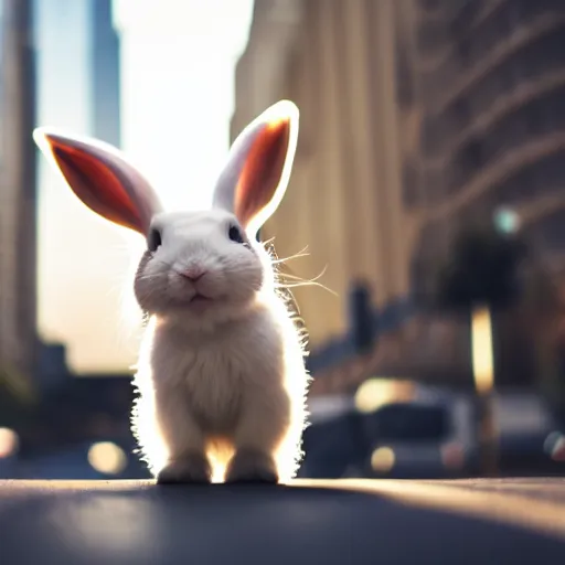 Prompt: a cute small white rabbit with black spots sitting in the middle of a busy street with skyscrapers, low angle camera, cinematic, very detailed, 4 k, depth of field