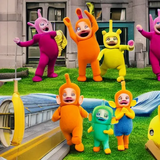 Prompt: teletubbies as bank robbers in new york city, 4k, high detail, high-resolution photograph, professional photography, ultra-detail