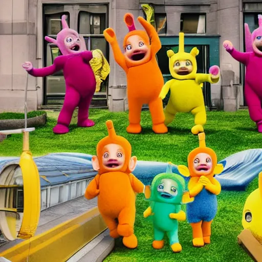 Image similar to teletubbies as bank robbers in new york city, 4k, high detail, high-resolution photograph, professional photography, ultra-detail