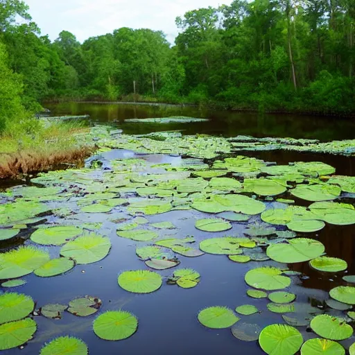 Prompt: cahaba river alabama, water lilies,