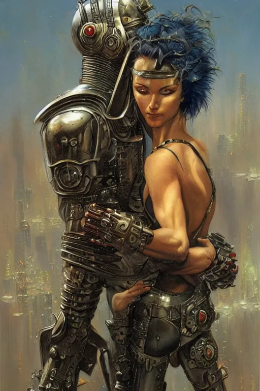 Image similar to a painting of a man in armor holding a woman, cyberpunk art by greg staples and by thomas blackshear and by michael whelan, cgsociety, fantasy art, dystopian art, androgynous, poster art