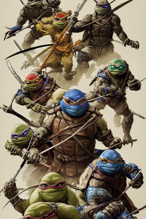 Image similar to portrait of a ninja turtles across the ages , frazetta themed, in style of Valentin Serov, in style of Ruan Jia, insanely detailed and intricate, golden ratio, elegant, ornate, luxury, elite, matte painting, cinematic, cgsociety, James jean, Brian froud, ross tran, Laputa