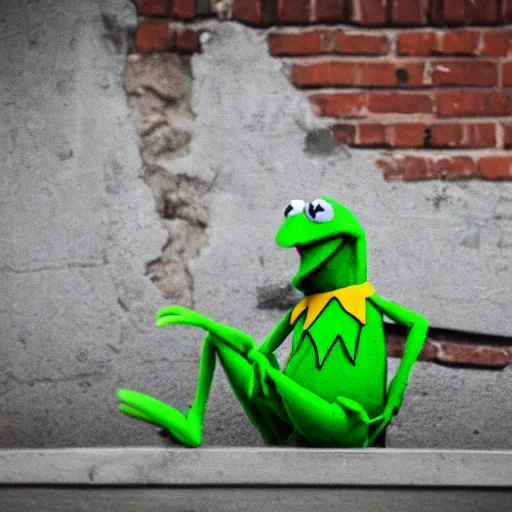 Image similar to DSLR photo of Kermit the frog drunk in a back alley