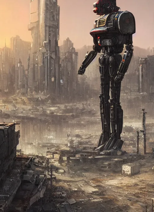 Prompt: a painting of a giant robot standing in front of a post apocalyptic city ruins, cyberpunk art by mike winkelmann, behance contest winner, nuclear art, dystopian art, apocalypse art, sci - fi