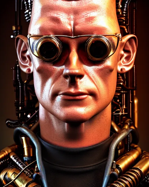 Image similar to steampunk portrait of the t 1 0 0 0 from terminator, au naturel, hyper detailed, digital art, trending in artstation, cinematic lighting, studio quality, smooth render, unreal engine 5 rendered, octane rendered, art style by klimt and nixeu and ian sprigger and wlop and krenz cushart.