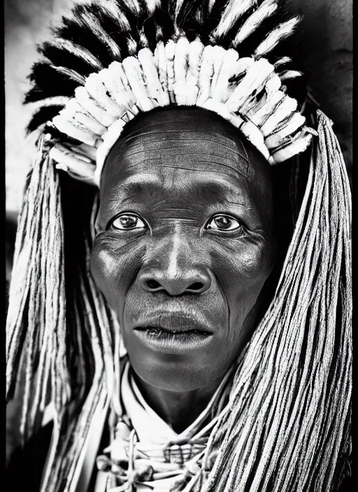 Prompt: analogue photo of an african chief wearing Japanese Haori & Hakama, african facial features, 35mm, f/1.4, black & white, butterfly lighting, national geographic, photographed by Martha Cooper,