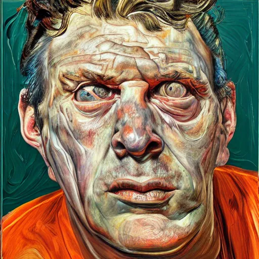 Image similar to high quality high detail portrait painting of a man in agony by lucian freud and jenny saville and francis bacon, hd, anxiety, turquoise and orange
